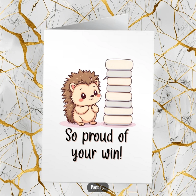 Free Printable Congratulations Card: A kawaii hedgehog sits near word bubbles, appearing to consider congratulatory phrases.