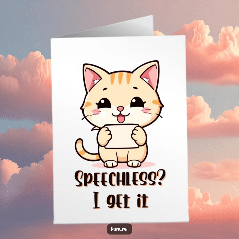 Funny Free Printable Congratulations Card: A happy cat character holds a speech bubble with a grinning word icon, cheerfully conveying congratulations with humor.