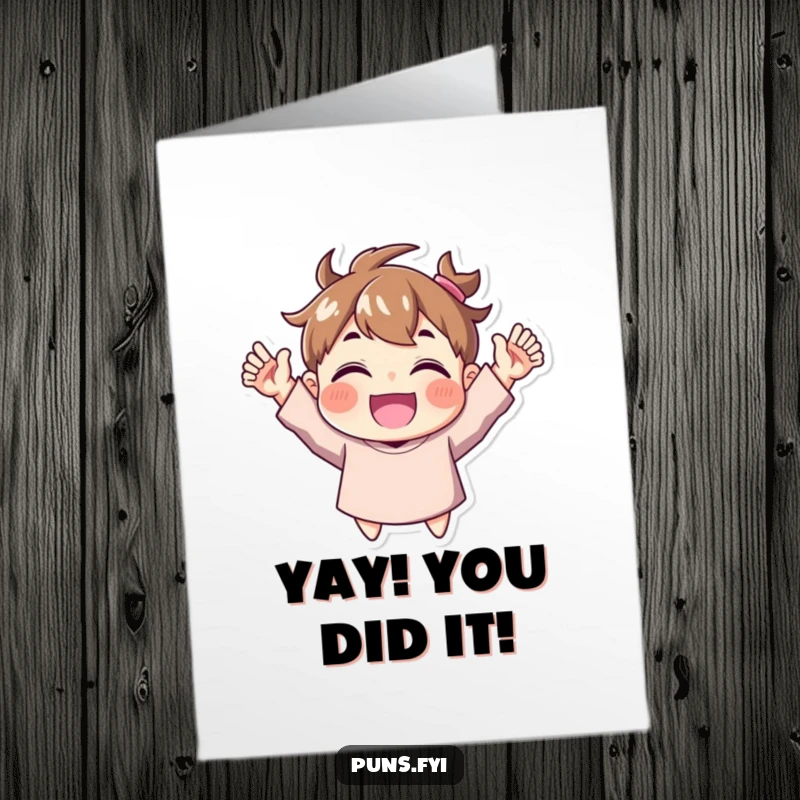 Funny Free Printable Congratulations Card featuring a character gleefully cheering with hands up, celebrating success with laughter.