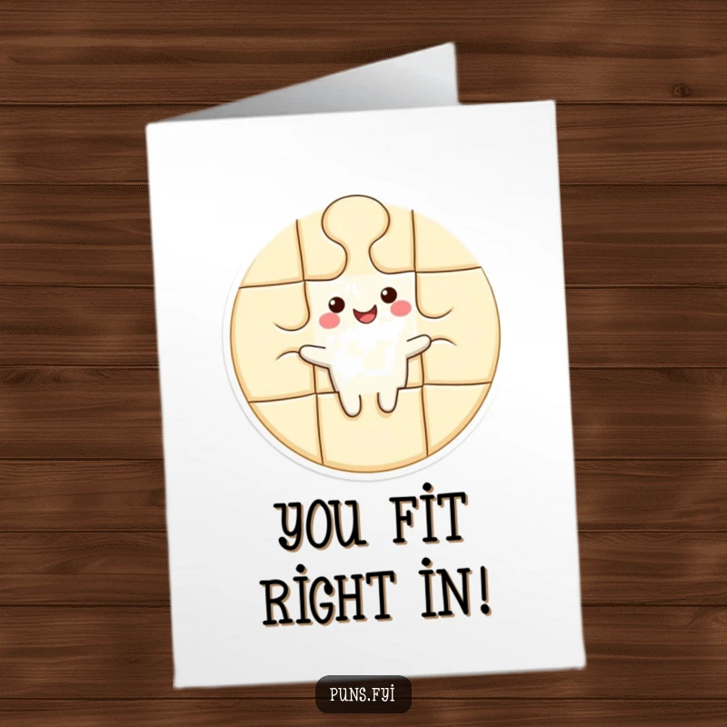 Funny Free Printable Congratulations Card: Happy puzzle piece character perfectly fitting into a larger shape, celebrating a grand accomplishment.