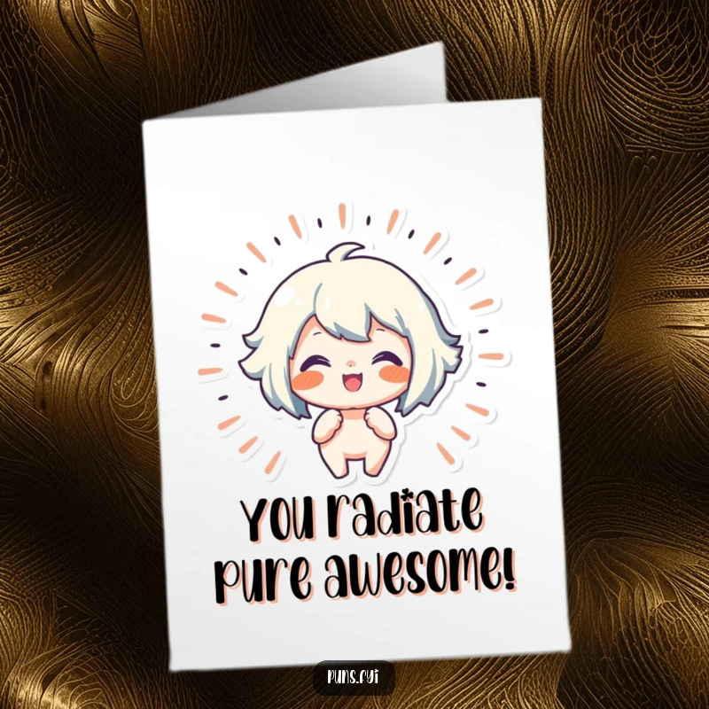 Funny free printable congratulations card showing a character radiating lines of joy, symbolizing overwhelming happiness and success.