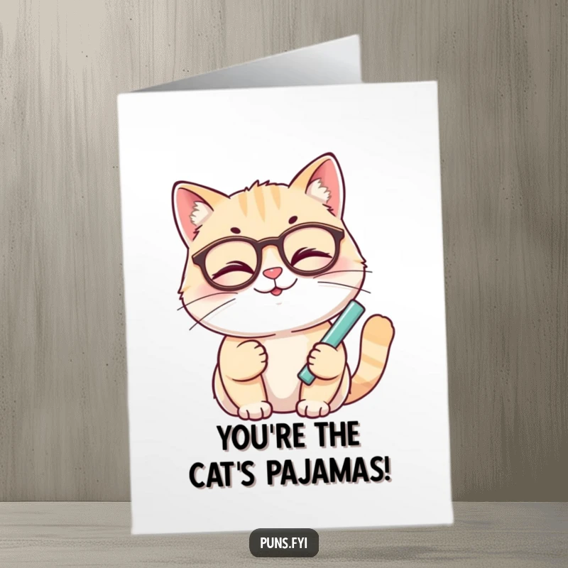 Funny Free Printable Congratulations Card: A smiling cat with glasses winks, holding chalk to congratulate your smarty-pants success.
