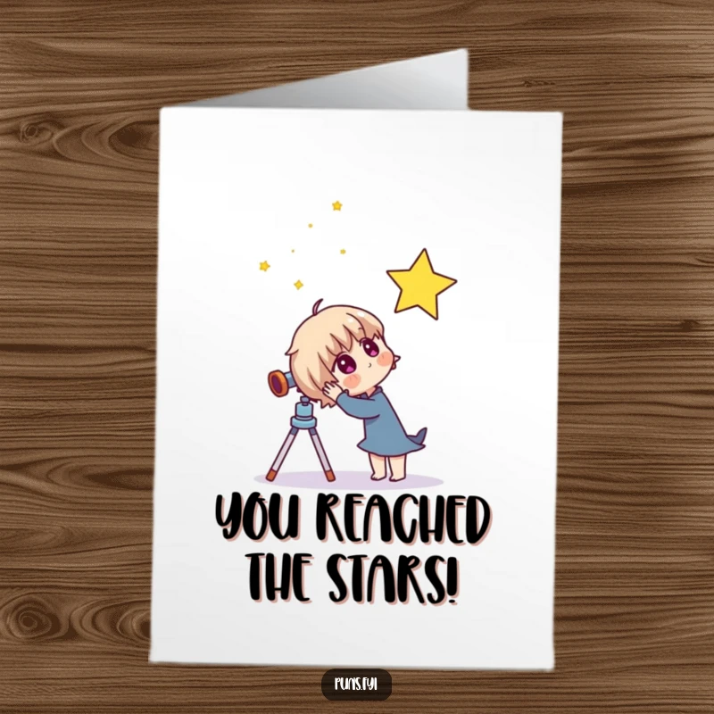 Funny Free Printable Congrats Card: Curious character uses a telescope to spot a distant, twinkling star.