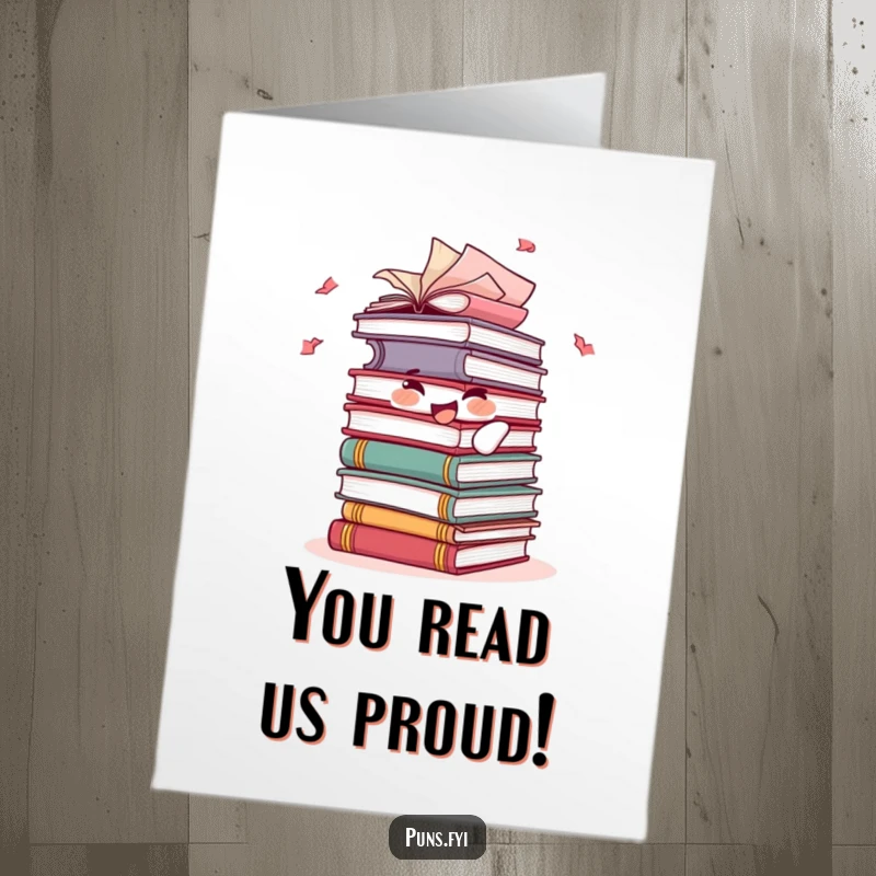 Funny Free Printable Congratulations Card: Joyful stack of books with playfully fluttering pages, representing the triumph of knowledge and effort.
