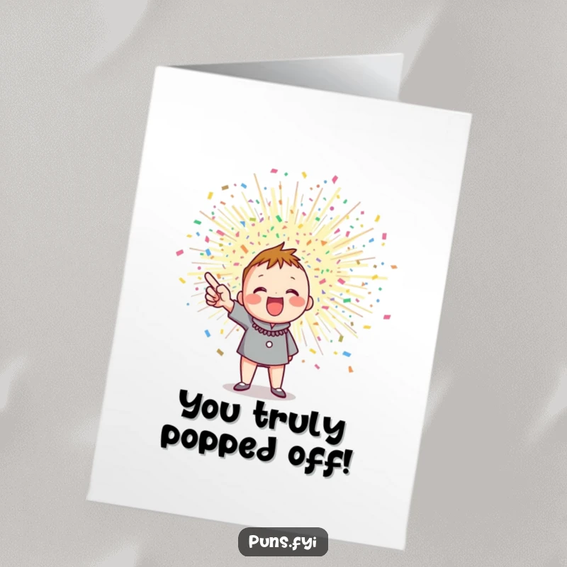Funny Free Printable Congrats Card: Character excitedly points at a large, exploding confetti burst, perfect for congratulations.