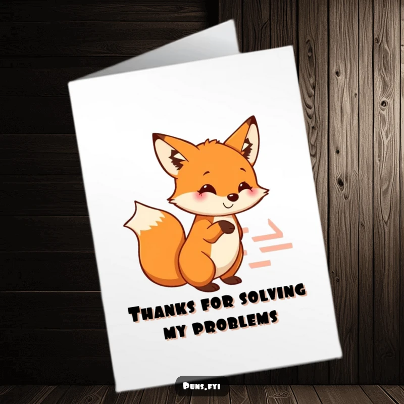 Funny free printable thank you card: a smiling fox pointing at a maze, conveying thanks for clever guidance and problem-solving.