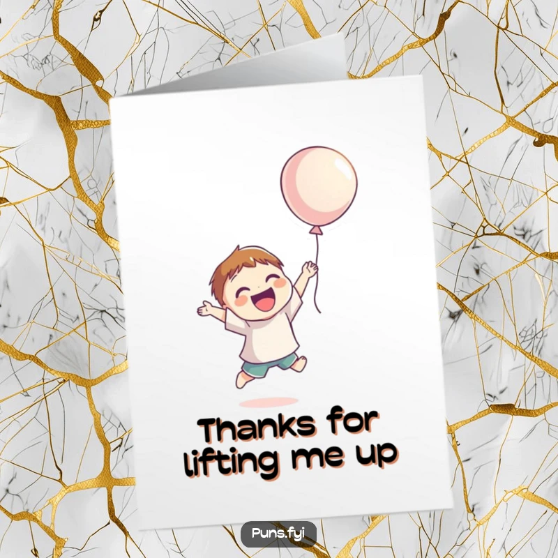 Funny Free Printable Thank You Card: Smiling character jumping for joy, reaching for a balloon, expressing thanks.