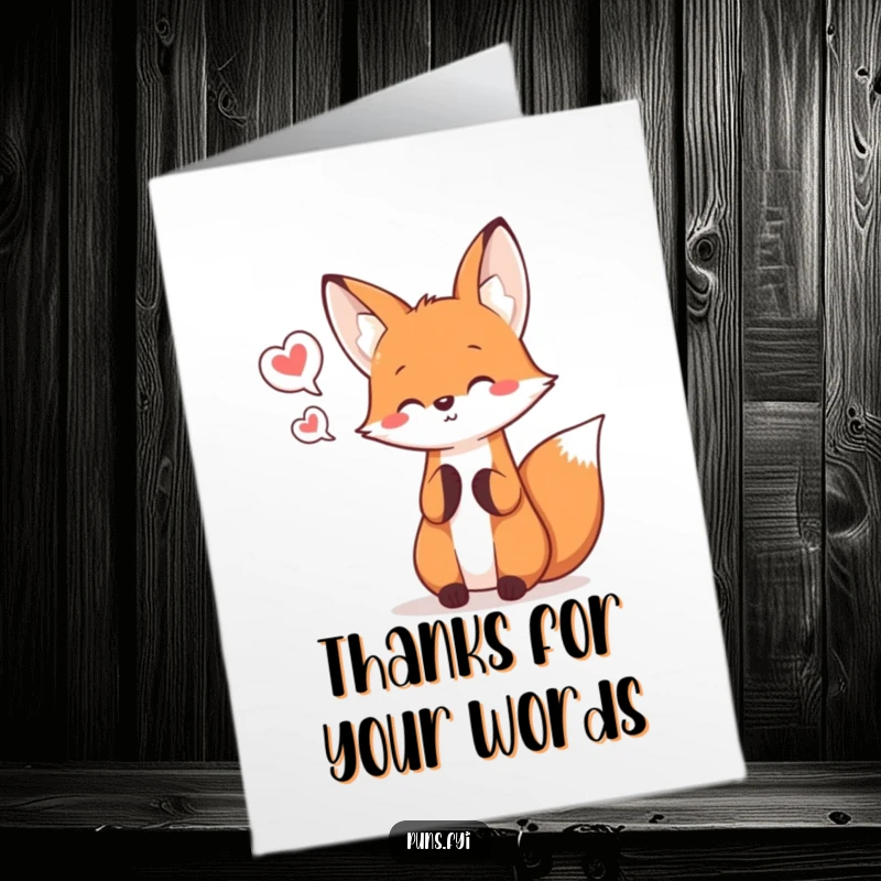 Funny Free Printable Thank You Card featuring a kawaii fox juggling small speech bubbles, conveying enthusiastic and playful gratitude.