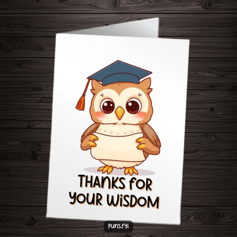 Funny free printable thank you card featuring a cute owl in a graduation cap, holding a scroll, offering thanks with academic wit.