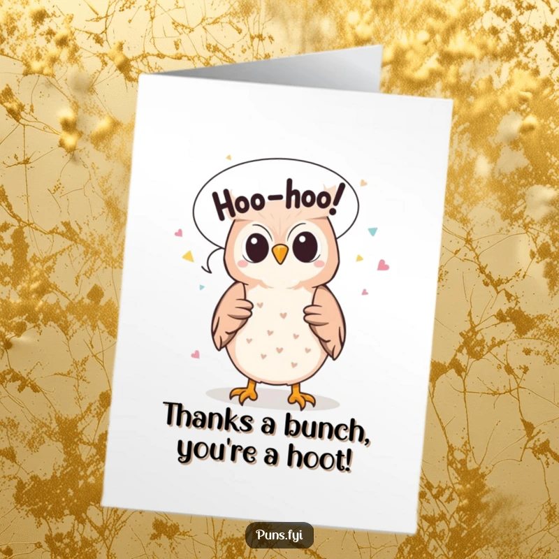 Funny Free Printable Thank You Card: Cute owl showering Hoo-hoo confetti, perfect for a downloadable thank you note with charm.