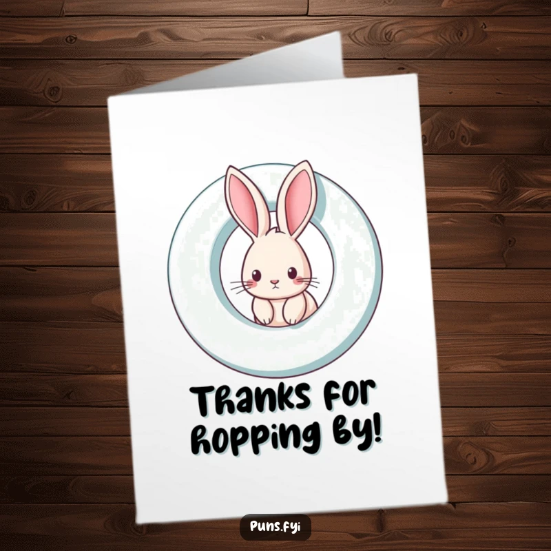 Funny free printable thank you card: a curious rabbit peeking mischievously from a large spinning letter, offering a cute thank you.