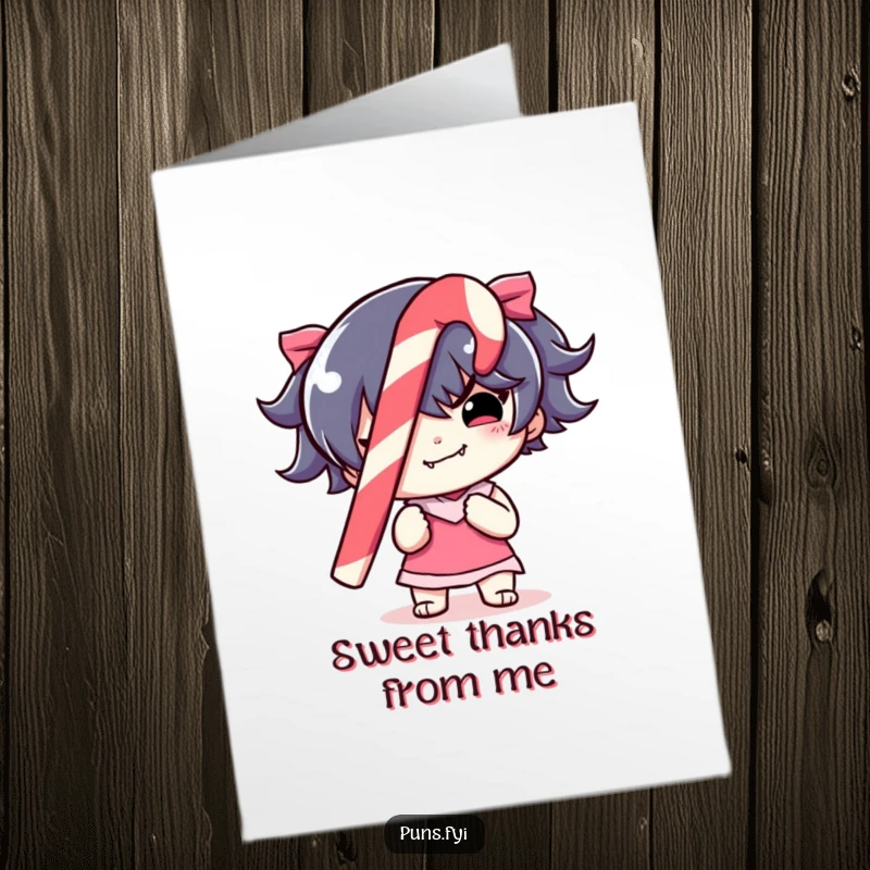 Funny Free Printable Thank You Card: A character with a mischievous grin holds a colorful, striped candy cane, showing appreciation.
