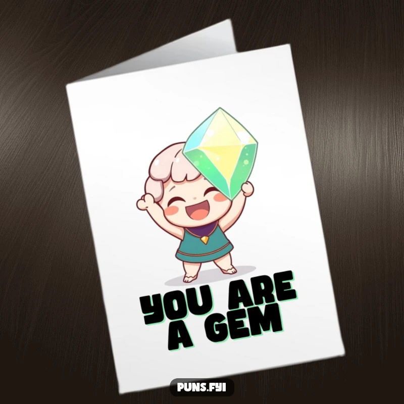 Funny Free Printable Thank You Card: A delighted character holds up a giant, sparkling gem with a smile.