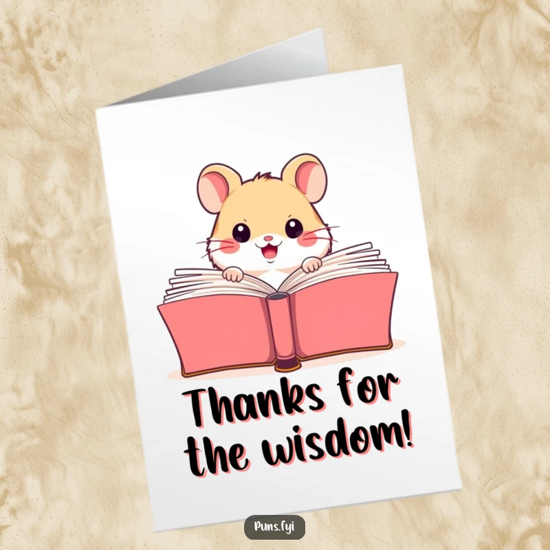 Funny Free Printable Thank You Card: A happy hamster peeking over a giant open book, conveying thanks with a warm expression.