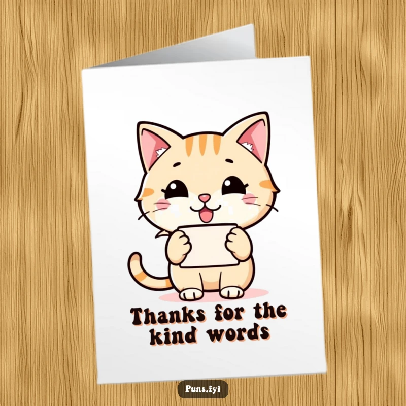 Funny Free Printable Thank You Card: A happy cat character holds a speech bubble with a grinning word icon, humorously thanking with a big smile.
