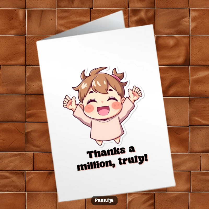 Funny Free Printable Thank You Card with a character enthusiastically cheering, conveying big thanks with a smile.