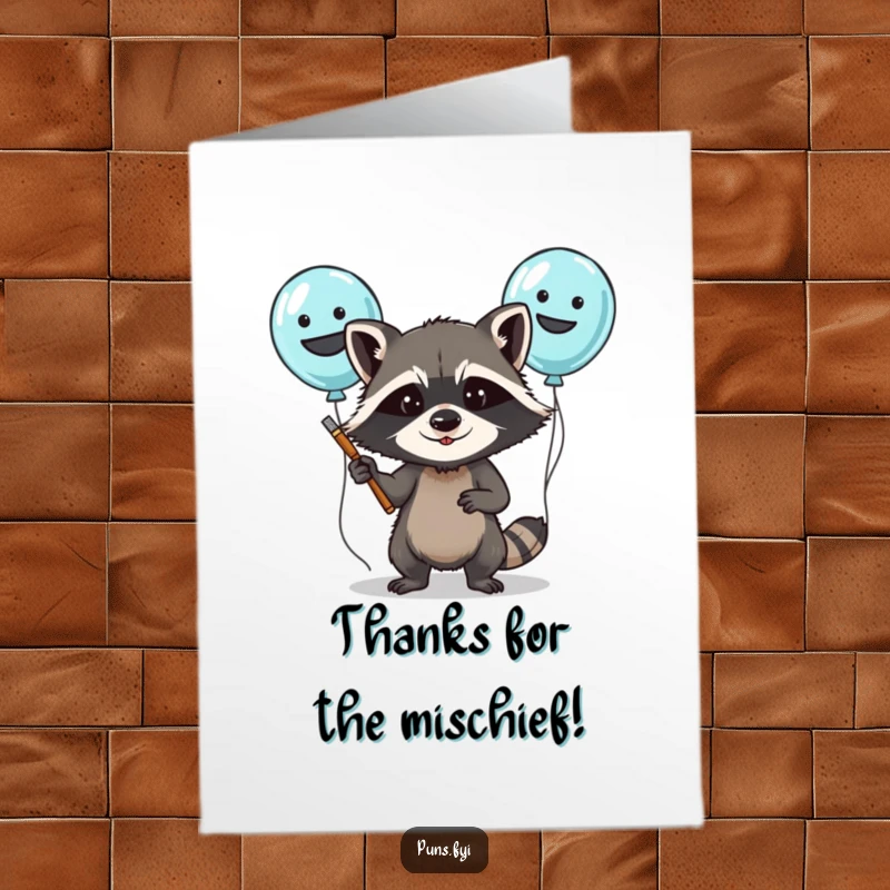 Funny Free Printable Thank You Card: A determined raccoon character painting silly faces on balloons, offering thanks with a playful spirit.