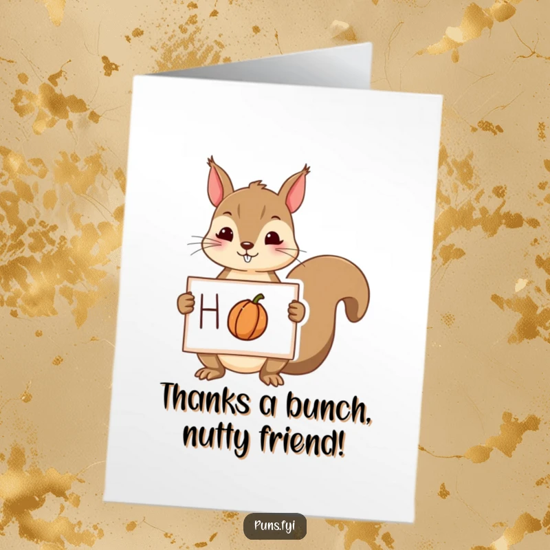 Funny Free Printable Thank You Card: A squirrel joyfully holds a sign with a drawing of a nut, expressing thanks.