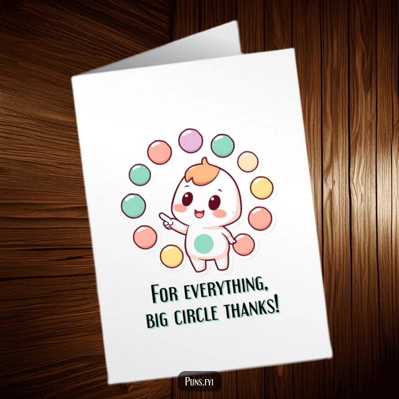 Funny free printable thank you card depicting a character pointing to linked circles, signifying connection and teamwork.