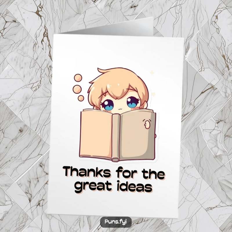 Funny Free Printable Thank You Card: A curious thought bubble character peeking from behind a book, conveying thanks with thoughtful intrigue.