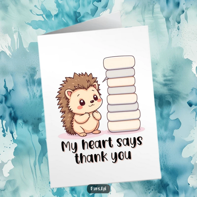 Free Printable Thank You Card: A kawaii hedgehog looking pensive near multiple word bubbles, perfect for thoughtful gratitude.