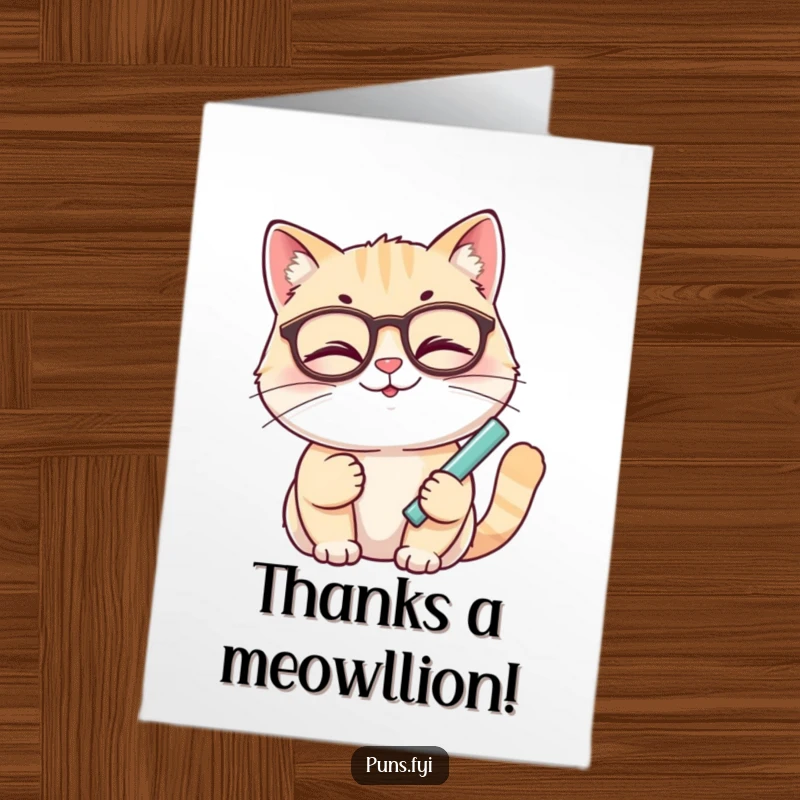 Funny Free Printable Thank You Card: A smiling cat with glasses winks and holds chalk, offering smart and sincere thanks.