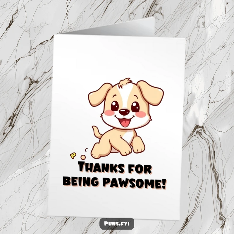 Funny Free Printable Thank You Card: A smiling puppy playfully chasing a bouncy letter P, expressing thanks with excitement.