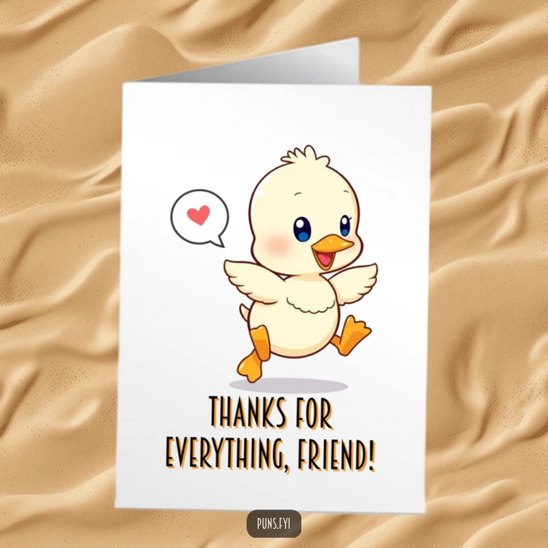 Free Printable Thank You Card: A happy kawaii duckling is captured mid-leap, speech bubble suggests cheerful thank yous.