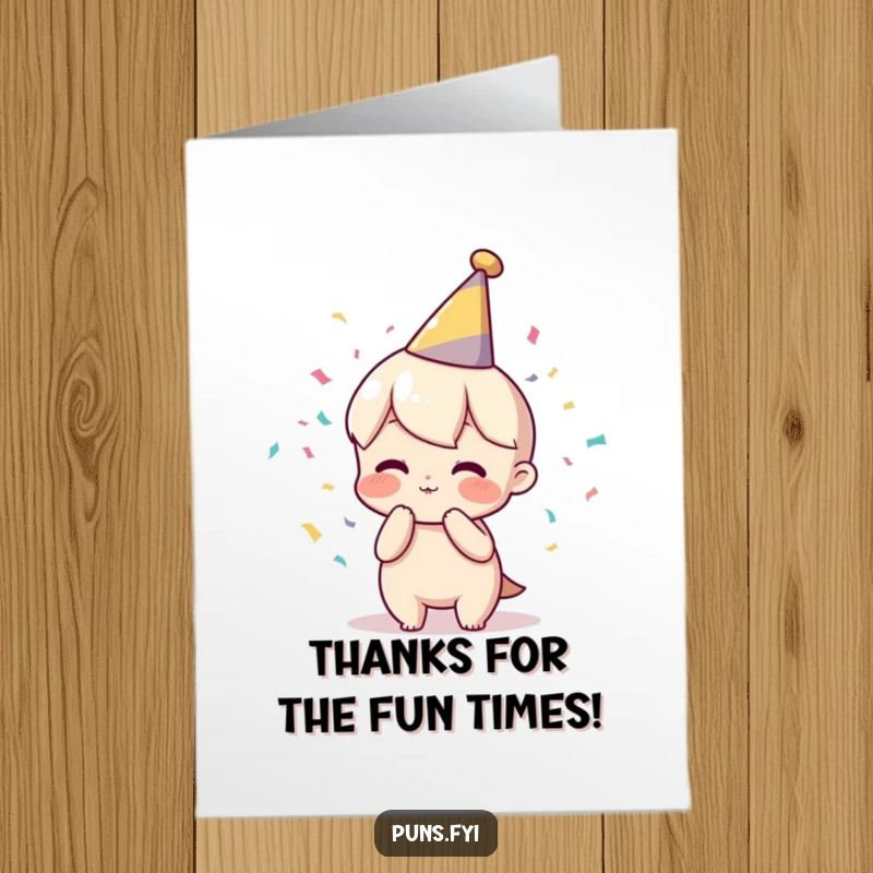 Funny Free Printable Thank You Card: A happy character in a party hat, blowing a fun confetti poof to say thanks.