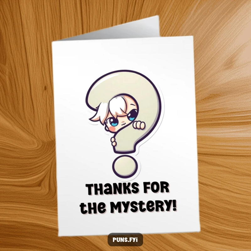Funny Free Printable Thank You Card showing a mischievous character peeking from a question mark, adding a fun element of surprise.