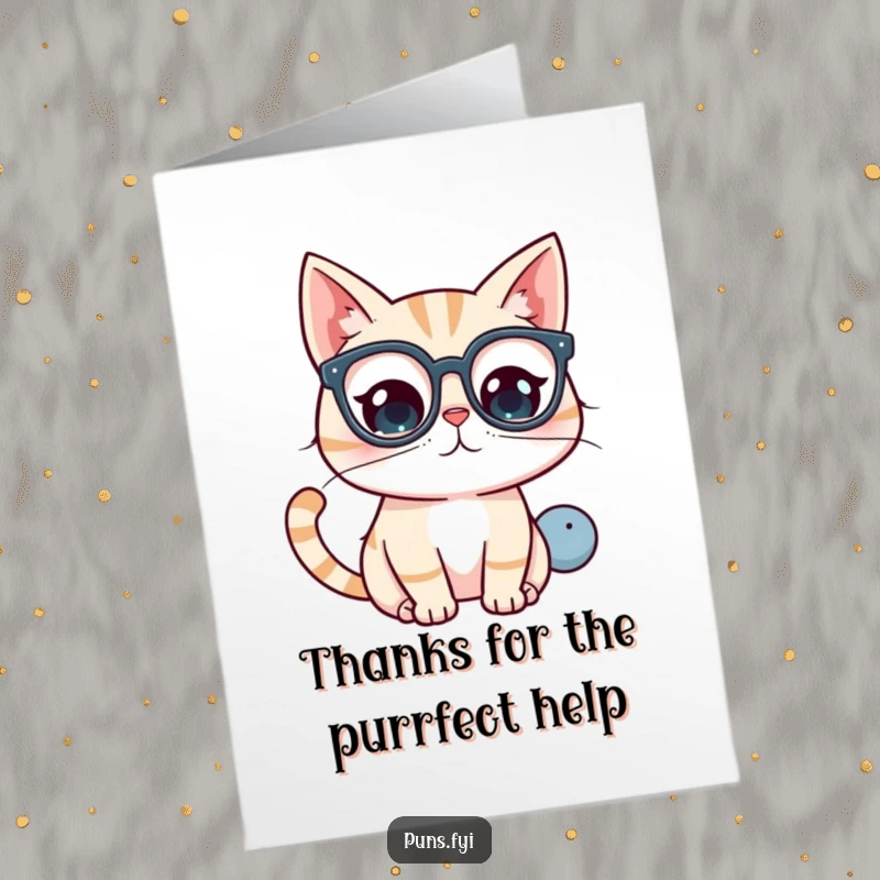 Funny Free Printable Thank You Card featuring a kawaii cat in glasses, thoughtfully examining a giant question mark, conveying smart gratitude.