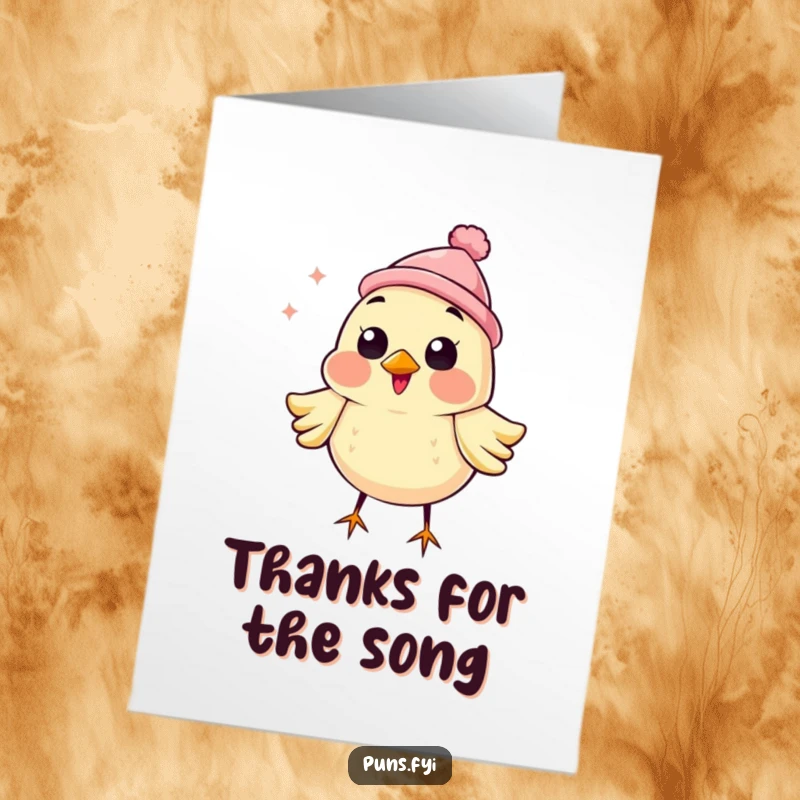 Funny free printable thank you card: a happy bird in a tiny hat chirping loudly.