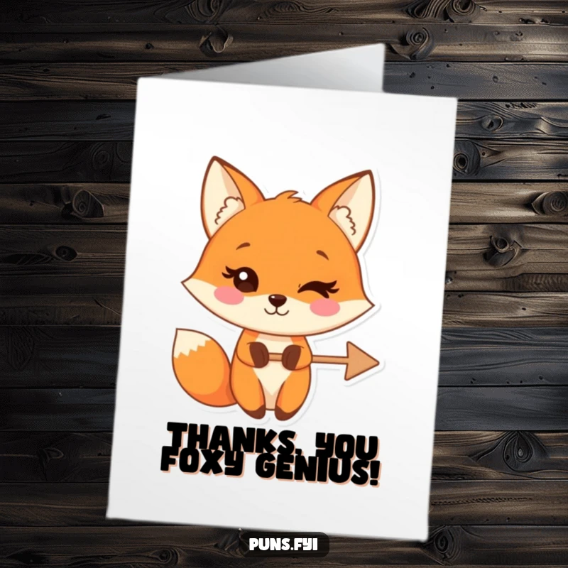 Funny Free Printable Thank You Card: A fox winks while holding a crossed-out arrow, a humorous downloadable thank you note for help received.