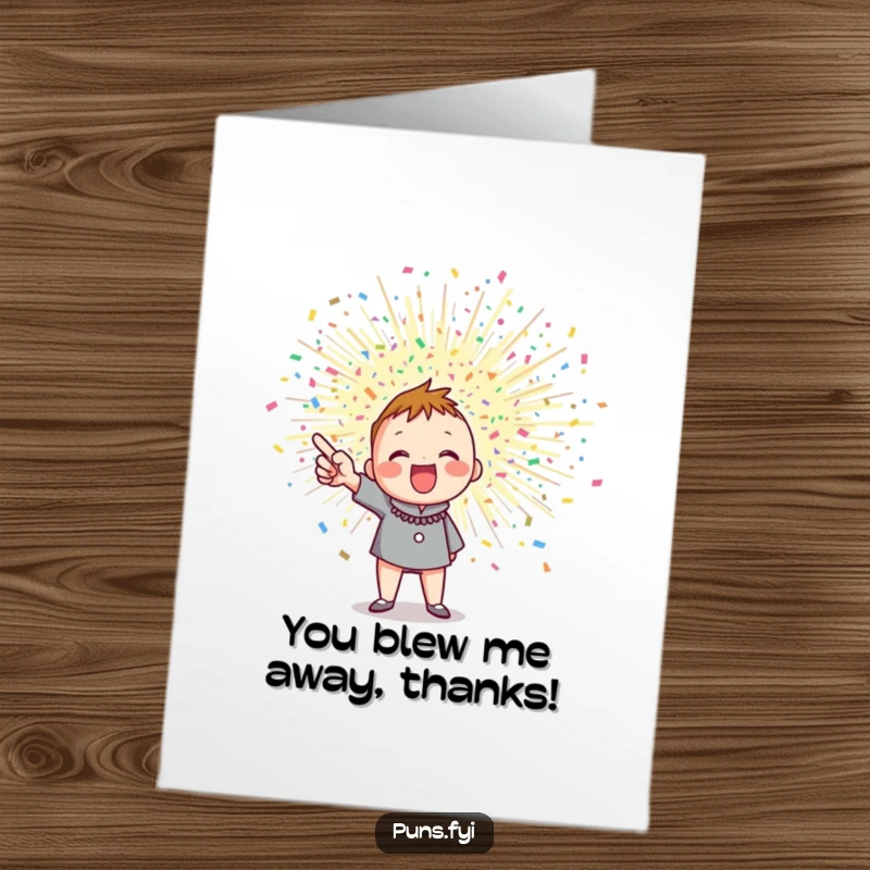 Funny Free Printable Thank You Card: Character excitedly points at a large, exploding confetti burst, expressing thanks.