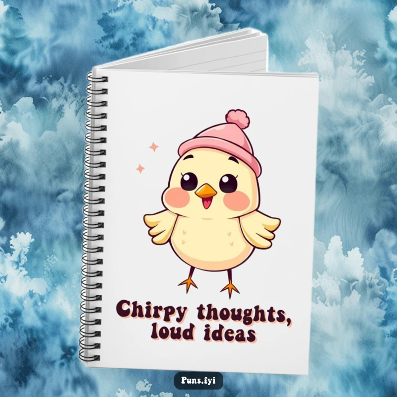 Funny notebook cover featuring a happy bird in a small hat, chirping enthusiastically, ready for your notes and ideas.