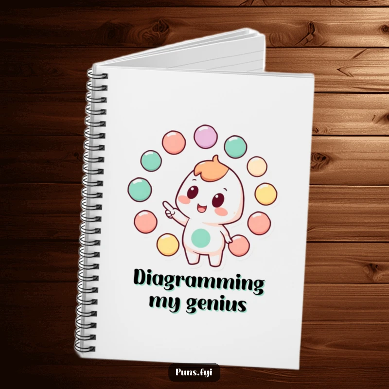 Funny notebook with a character pointing to linked circles, ideal for planning, strategizing, and organizing thoughts.