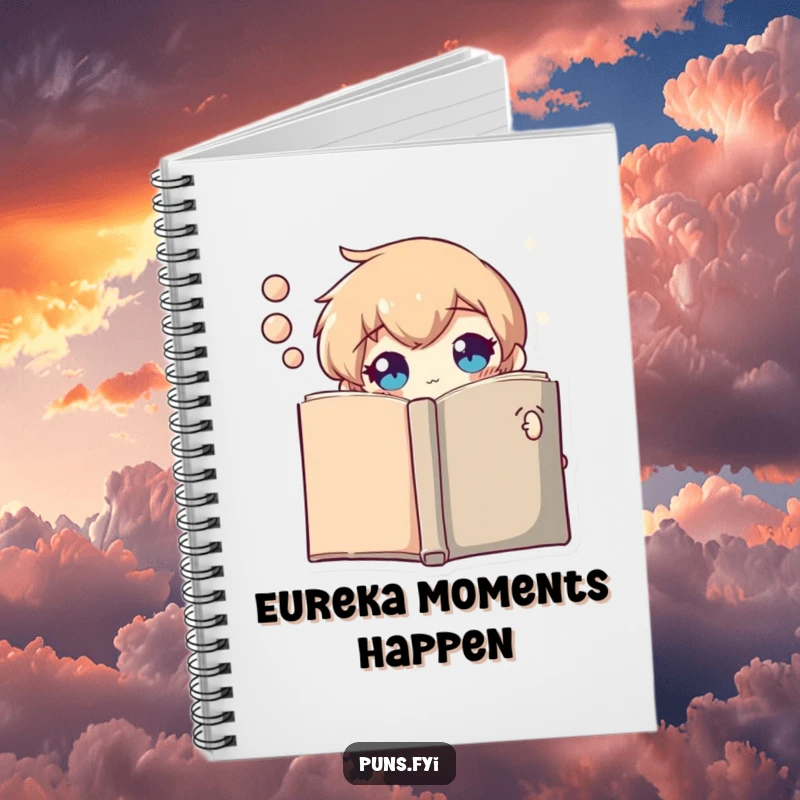 Funny notebook cover with a curious thought bubble character peeking from behind a book, ready for thoughts and notes.