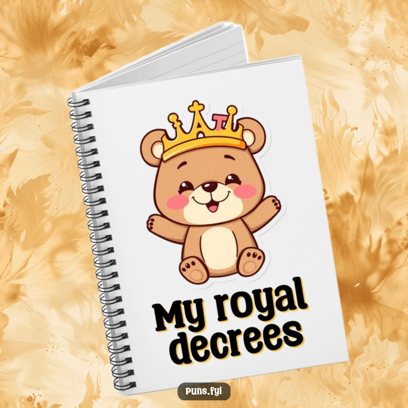 Funny goofy bear cub wearing a majestic crown made entirely of colorful alphabet letters, looking adorable on the cover of this notebook.