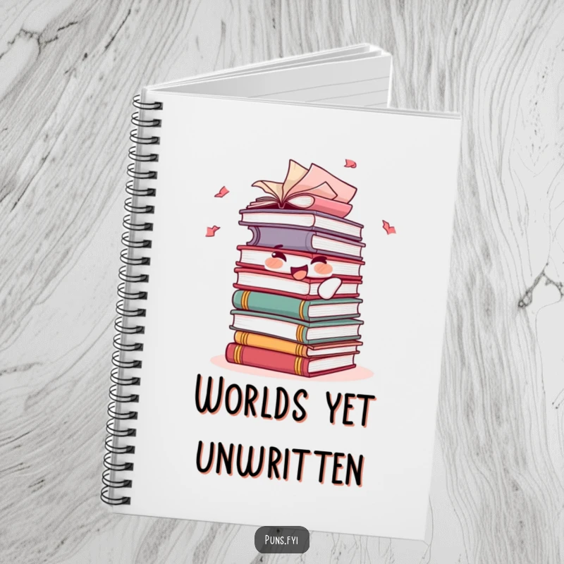 Funny notebook cover with a joyful stack of books character, pages fluttering playfully, ready for notes and story ideas.