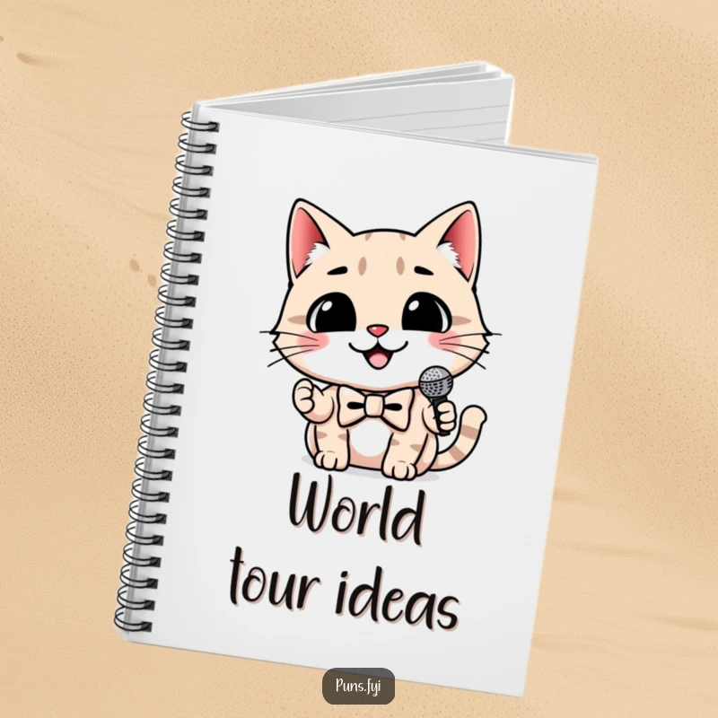 Funny cat notebook with a smiling cat wearing a bowtie and holding a tiny microphone, perfect for journaling and notes.
