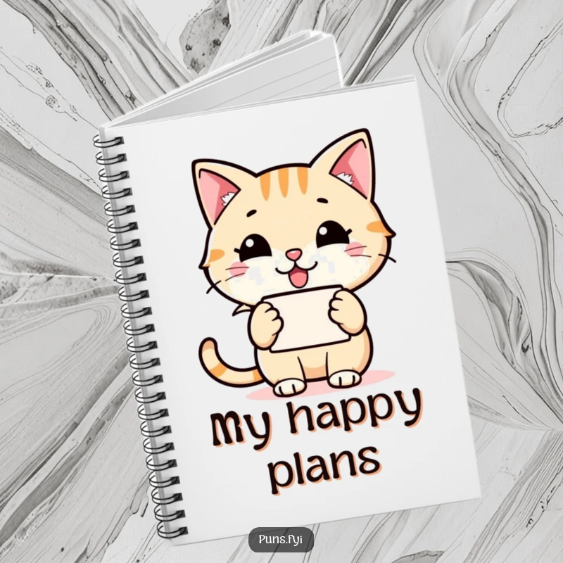 Funny cat speech bubble notebook featuring a happy cat holding a speech bubble with a grinning word icon, ideal for jotting thoughts.