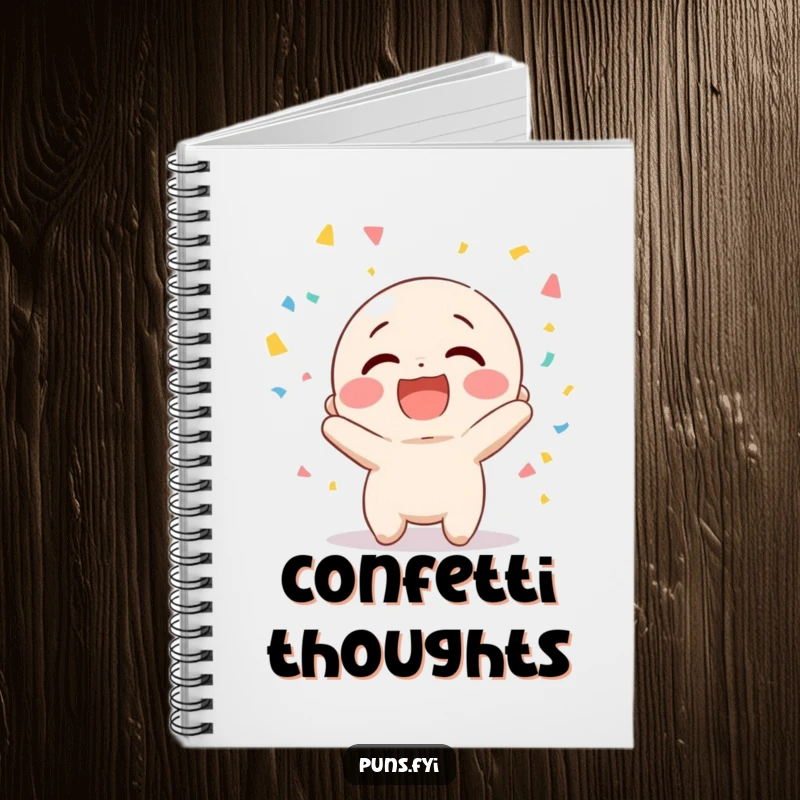 Funny notebook featuring a happy character giggling while tossing confetti, ready to capture your celebratory ideas.
