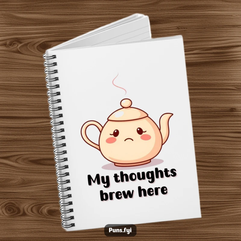 Funny notebook cover featuring a confused teapot with a question mark spout, a humorous way to capture your thoughts.
