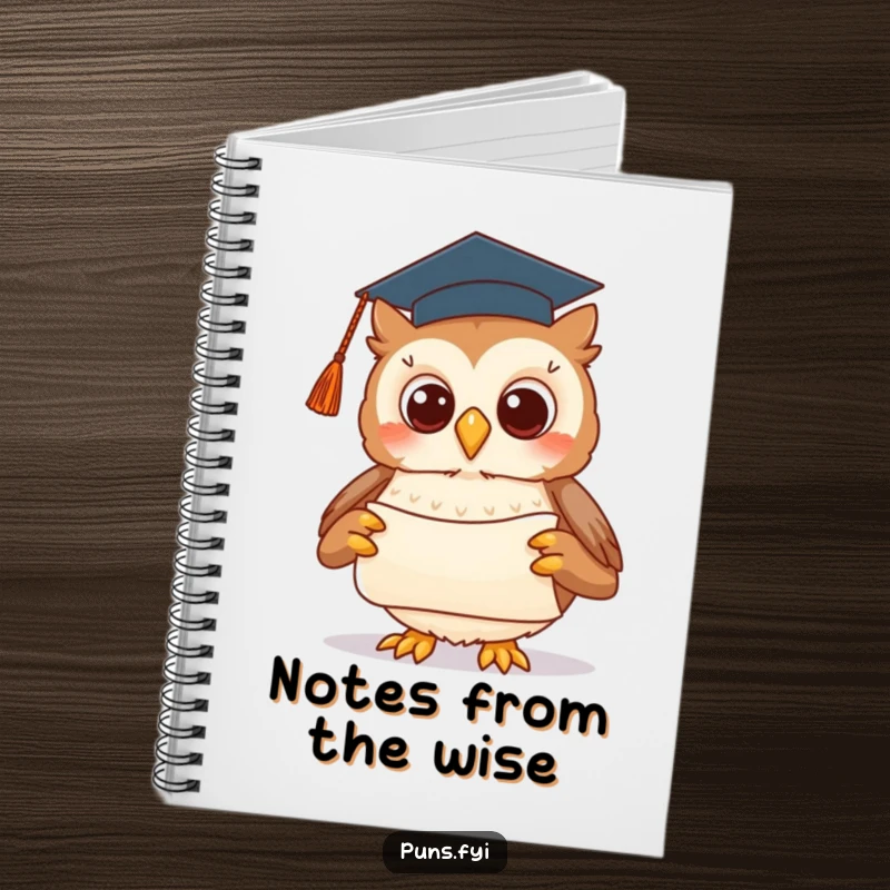 Funny notebook with a cute owl in a graduation cap, presenting a scroll, ideal for jotting down smart ideas.