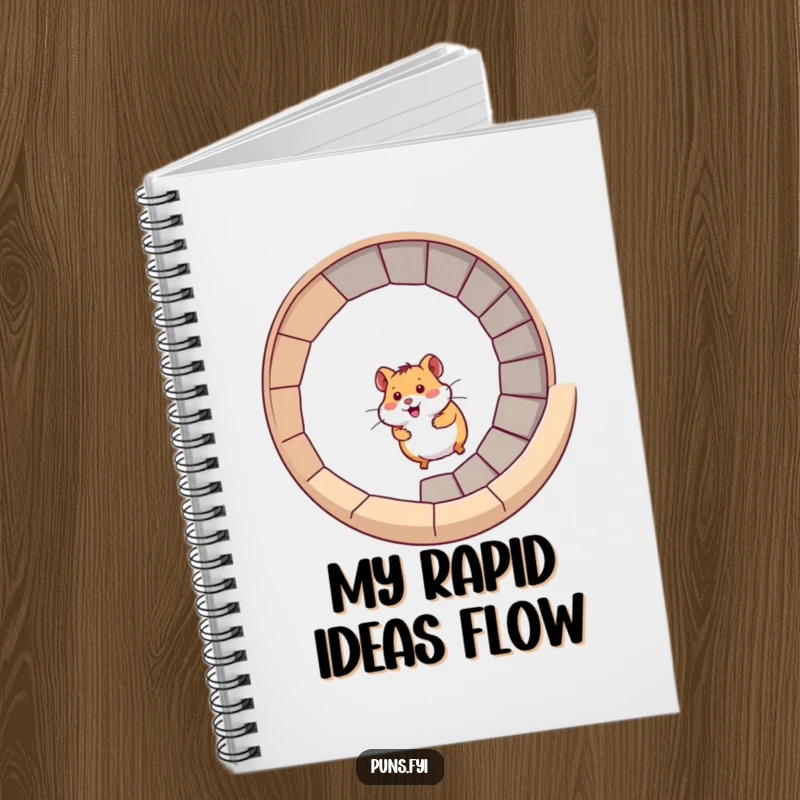 Funny hamster notebook featuring a hamster racing up a spiral staircase, perfect for writing, journaling, and capturing energetic thoughts.