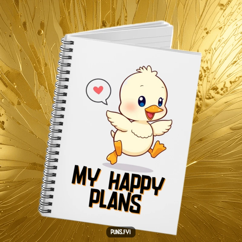 Funny notebook with a happily leaping kawaii duckling and a speech bubble, perfect for jotting down happy thoughts.