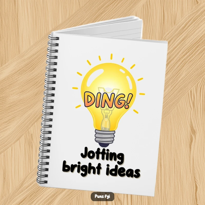 Funny Notebook with a bright idea bulb and a DING! graphic, ideal for jotting down brilliant thoughts with humor.