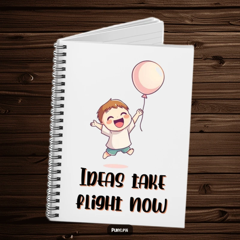 Funny Notebook with a smiling character jumping for joy, reaching for a floating balloon, designed for jotting down happy ideas.