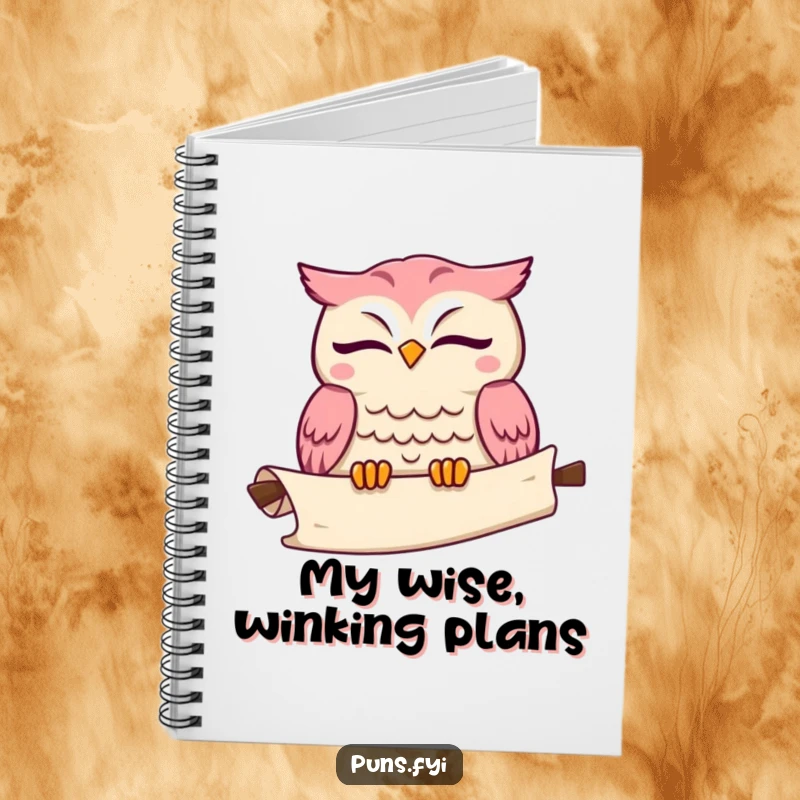 Funny kawaii owl notebook with a cute character winking with a scroll, ideal for journaling wise thoughts.