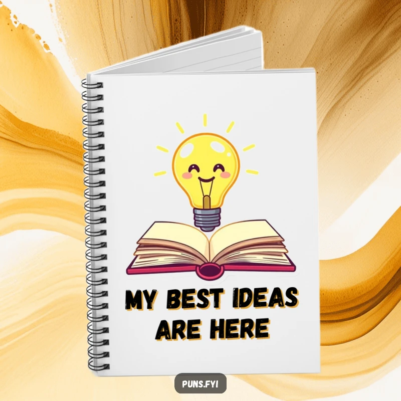Funny lightbulb notebook with a smiley face lightbulb popping out of a book, perfect for jotting down ideas with bright humor.